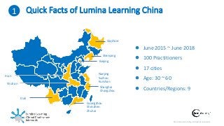 © Lumina Learning. All rights reserved.
1 Quick Facts of Lumina Learning China
 June 2015 ~ June 2018
 100 Practitioners
 17 cities
 Age: 30 ~ 60
 Countries/Regions: 9
Dali
Guangzhou
Shenzhen
Zhuhai
Shanghai
Changzhou
Nanjing
Suzhou
Kunshan
Beijing
Shenyang
Qiqihaer
Wuhan
Xian
 
