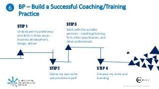 © Lumina Learning. All rights reserved.
BP – Build a Successful Coaching/Training
Practice
STEP 1
Understand my preference
and skills in three areas -
business development,
design, deliver
STEP 3
Work with the suitable
partners – coaching/training
firm, other practitioners, and
other professionals
STEP 2
Define my own niche
and promote myself
STEP 4
Enhance my niche and
branding
6
 