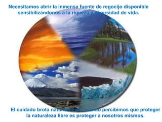 Necesitamos abrir la inmensa fuente de regocijo disponible sensibilizándonos a la riqueza y diversidad de vida. El cuidado brota naturalmente cuando percibimos que proteger la naturaleza libre es proteger a nosotros mismos. 