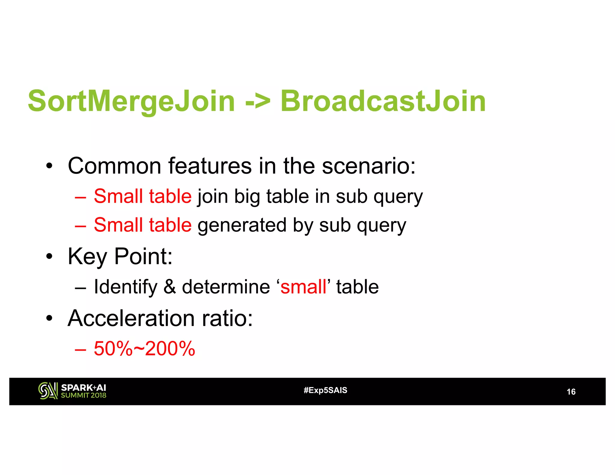 • Common features in the scenario:
– Small table join big table in sub query
– Small table generated by sub query
• Key Point:
– Identify & determine ‘small’ table
• Acceleration ratio:
– 50%~200%
16
SortMergeJoin -> BroadcastJoin
#Exp5SAIS
 