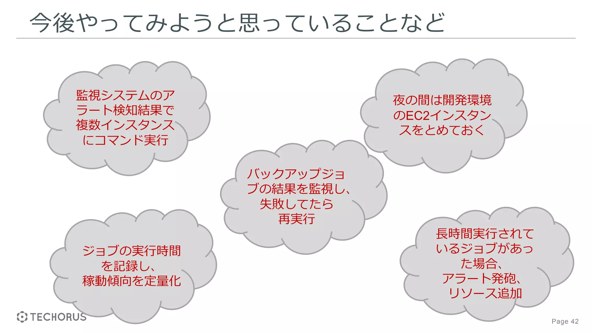Page 42
今後やってみようと思っていることなど
監視システムのア
ラート検知結果で
複数インスタンス
にコマンド実行
バックアップジョ
ブの結果を監視し、
失敗してたら
再実行
夜の間は開発環境
のEC2インスタン
スをとめておく
長時間実行されて
いるジョブがあっ
た場合、
アラート発砲、
リソース追加
ジョブの実行時間
を記録し、
稼動傾向を定量化
 