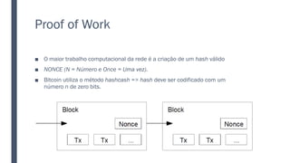 Proof of Work
■ O maior trabalho computacional da rede é a criação de um hash válido
■ NONCE (N = Número e Once = Uma vez).
■ Bitcoin utiliza o método hashcash => hash deve ser codificado com um
número n de zero bits.
 