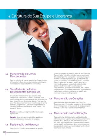 6. Estrutura de Sua Equipe e Liderança 
6.1 Manutenção de Linhas 
Descendentes 
Para ter o direito de manter suas Linhas Descendentes, 
o Consultor Independente deve colocar pedidos pelo 
menos 1 (uma) vez a cada 3 (três) campanhas. 
6.2 Transferência de Linhas 
Descendentes por Roll-Up 
O Consultor Independente que passar 3 (três) 
campanhas completas e consecutivas sem fazer 
pedidos é penalizado com a perda dos direitos sobre 
suas Linhas Descendentes. Ao abrir a 4ª campanha, 
as Linhas Descendentes serão transferidas, de forma 
definitiva, ao primeiro Consultor Independente da 
Linha Ascendente devidamente ativa, inativo 1 ou 
inativo 2, sendo: 
Grupo: deve subir para o primeiro Consultor apto 
a patrocinar. 
Geração: deve subir ao primeiro líder, qualificado 
minimamente como Consultor Empresário. 
6.3 Equiparação de liderança 
Quando um Consultor Independente se qualifica 
22 Comece o Seu Negócio 
como Empresário ou superior antes de seu Consultor 
Patrocinador, este último terá o prazo máximo de 
6 (seis) campanhas completas e consecutivas para 
manter sua liderança da equipe, qualificando-se 
como, no mínimo, Empresário. Caso o Consultor 
Patrocinador não alcance a qualificação de, no 
mínimo, Empresário no período estabelecido, 
perderá os direitos sobre suas Gerações 
Descendentes, que serão transferidas, em caráter 
definitivo, para a primeira Consultoria Independente 
da Linha Ascendente devidamente qualificada, 
minimamente como Empresário. 
6.4 Manutenção de Gerações 
Para que tenha direito a manter suas Gerações 
Descendentes, o Empresário ou superior deve produzir 
o mínimo esperado em sua Venda de Grupo por, pelo 
menos, 1 (uma) vez a cada 6 (seis) campanhas. 
6.5 Manutenção da Qualificação 
Para que tenha direito a manter sua Qualificação, 
o Empresário ou superior deve manter a performance 
do nível da Qualificação por, pelo menos, 1 (uma) 
vez nas 6 (seis) campanhas subsequentes àquela em 
que se qualificou. Caso isso não ocorra, o Consultor 
Independente voltará ao nível imediatamente inferior 
alcançado nesse período. 
 