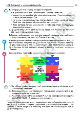 § 12. Інфекційні та неінфекційні хвороби 103
1. Поміркуй, як ти вчиниш у наведених ситуаціях.
		У транспорті біля тебе стоїть людина з кашлем і нежитем.
		У школі під час уроків у тебе почала боліти голова і з’явилося відчуття
ломоти у м’язах та суглобах.
		
На вулиці низька температура повітря, іде сніг та дме холодний вітер.
Який одяг та взуття ти обереш, щоб не застудитися?
		
Тебе раптово почало лихоманити, у тебе піднялася температура,
а вдома нікого немає.
2. 
Продемонструй, як ти одягнеш маску перед тим, як зайти до магазину
або іншого громадського місця.
3. 
Склади повідомлення для виклику швидкої допомоги в ситуації, коли
різко погіршився стан здоров’я близької людини.
У твоїй карті цінностей і бажань уже реалізовано багато цікавого. Але для
здійснення мрій потрібно й надалі багато працювати. Розроби відповід-
но до порад експерта план конкретних дій щодо профілактики захворю-
вань. Оформи його на окремому аркуші та доповни свою карту цінностей
і бажань.
За матеріалами параграфа визнач ключові ідеї та доповни схему .
МОЄ
МІЦНЕ
ЗДОРОВ’Я
рухова
активність
здорове
харчування
1. Що є більш прийнятним для твоєї родини: профілактичні заходи чи лі-
кування захворювання?
2. Яких правил безпечної поведінки у громадських місцях потрібно до-
тримуватися під час карантину?
3. Разом із батьками обчисли витрати* сім’ї під час інфекційної хвороби
(грип, ГРВІ, COVID-19) на одного члена родини.
* Можливі фінансові витрати: тест на виявлення інфекції, аналізи, консультація
лікаря, ліки, особливі продукти харчування, заходи щодо відновлення стану
здоров’я, а також відсутність заробітку внаслідок тимчасової втрати праце­
здатності дорослих.
 