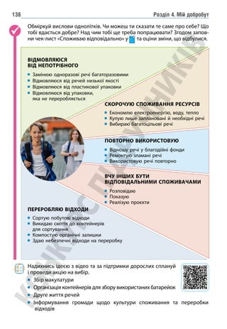 Розділ 4. Мій добробут
136
Обміркуй вислови однолітків. Чи можеш ти сказати те саме про себе? Що
тобі вдається добре? Над чим тобі ще треба попрацювати? Згодом запов-
ни чек-лист «Споживаю відповідально» у та оціни зміни, що відбулися.
Надихнись ідеєю з відео та за підтримки дорослих сплануй
і проведи акцію на вибір.
Збір макулатури
Організація контейнерів для збору використаних батарейок
Друге життя речей
Інформування громади щодо культури споживання та переробки
відходів
ВІДМОВЛЯЮСЯ
ВІД НЕПОТРІБНОГО
Замінюю одноразові речі багаторазовими
Відмовляюся від речей низької якості
Відмовляюся від пластикової упаковки
	
Відмовляюся від упаковки,
яка не переробляється
ВЧУ ІНШИХ БУТИ
ВІДПОВІДАЛЬНИМИ СПОЖИВАЧАМИ
Розповідаю
Показую
Реалізую проєкти
СКОРОЧУЮ СПОЖИВАННЯ РЕСУРСІВ
	
Економлю електроенергію, воду, тепло
	
Купую лише заплановані й необхідні речі
Вибираю багатоцільові речі
ПЕРЕРОБЛЯЮ ВІДХОДИ
Сортую побутові відходи
	
Викидаю сміття до контейнерів
для сортування
Компостую органічні залишки
	
Здаю небезпечні відходи на переробку
ПОВТОРНО ВИКОРИСТОВУЮ
	
Відношу речі у благодійні фонди
	
Ремонтую зламані речі
	
Використовую речі повторно
 