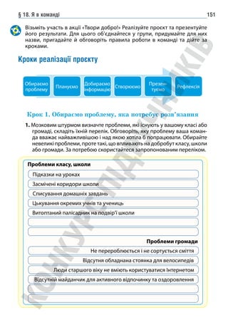 § 18. Я в команді 151
Візьміть участь в акції «Твори добро!» Реалізуйте проєкт та презентуйте
його результати. Для цього об’єднайтеся у групи, придумайте для них
назви, пригадайте й обговоріть правила роботи в команді та дійте за
кроками.
Кроки реалізації проєкту
Обираємо
проблему
Плануємо
Добираємо
інформацію
Створюємо
Презен-
туємо
Рефлексія
Крок 1. Обираємо проблему, яка потребує розв’язання
1. Мозковим штурмом визначте проблеми, які існують у вашому класі або
громаді, складіть їхній перелік. Обговоріть, яку проблему ваша коман-
да вважає найважливішою і над якою хотіла б попрацювати. Обирайте
невеликі проблеми, проте такі, що впливають на добробут класу, школи
або громади. За потребою скористайтеся запропонованим переліком.
Проблеми класу, школи
Підказки на уроках
Не перероблюється і не сортується сміття
Списування домашніх завдань
Люди старшого віку не вміють користуватися Інтернетом
Засмічені коридори школи
Відсутня обладнана стоянка для велосипедів
Цькування окремих учнів та учениць
Відсутній майданчик для активного відпочинку та оздоровлення
Витоптаний палісадник на подвір’ї школи
Проблеми громади
 