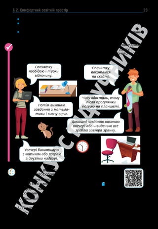 § 2. Комфортний освітній простір 23
Чи дотримуєшся ти норм сну, які рекомендовано для твого віку?
Чим відрізняється твій режим дня під час звичайного й дистанційного
навчання у школі?
Поміркуй, чи можуть недосипання та порушення режиму харчування
зіпсувати зір.
Порівняй, хто з дітей краще спланував свій відпочинок, підготовку домаш-
ніх завдань та організував робоче місце. Обґрунтуй свою думку. Які по-
ради щодо удосконалення режиму дня та організації робочого місця ти
можеш дати героям, а також узяти собі за правило?
1. Обговори з дорослими, як можна удосконалити облашту-
вання твого робочого місця вдома.
2. Переглянь відео з порадами від лікарки-офтальмолога. Які
з них ти візьмеш до уваги? Виконай завдання у .
3. Оформи пам’ятки із вправами, розмісти їх поряд зі своїм
робочим місцем і щоденно виконуй.
4. Проаналізуй, що може заважати тобі дотримуватися режиму дня і ви-
конувати домашні завдання. Як цього можна уникнути?
5. Поміркуй, який відпочинок для відновлення працездатності під час ви-
конання домашніх завдань буде найкращим.
Увечері бавитимуся
з котиком або пограю
з друзями надворі.
Часу вдосталь, тому
після прогулянки
пограю на планшеті.
Потім виконаю
завдання з матема-
тики і вивчу вірш.
Спочатку
покатаюся
на скейті.
Спочатку
пообідаю і трохи
відпочину.
Домашні завдання виконаю
ввечері або швиденько все
зроблю завтра зранку.
 
