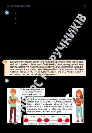 § 3. Я вчуся ефективно 27
1. Визначте, який тип сприйняття мають люди, які часто вживають слова:
приємно, мокро, холодно, відчуваю, гладкий, колючий, незатишно,
біль, рухаюся, дію, напружено тощо;
яскраво, ясний, чітке, синій, прозорий, дивитися, блискуче, веселко-
вий, бачу, різнобарвний, розглядати тощо;
чув, говорили, глухий, гучний, шум, стогін, крик, звуки, голосно, роз-
мова, розмовляти, тихо тощо.
2. Обговоріть, як можна розподілити обов’язки у групі для ефективної ро-
боти над проєктом, щоб урахувати тип сприйняття інформації кожного
учасника.
Види робіт: узяти інтерв’ю у старшокласників, написати текст, пре-
зентувати результати проєкту, підготувати презентацію, розробити
та виготовити макет тощо.
3. По черзі виразіть свою згоду або відмову так, щоб це було зрозуміло
співрозмовникові/співрозмовниці: візуалу (показати рукою чи вира-
зом обличчя), аудіалу (сказати вголос, підвищити голос), кінестетику
(покласти руку на плече, подивитися уважно в очі, подумки передаючи
своє бажання).
Щоб досягати кращих результатів у навчанні, важливо знати свій провід-
ний тип сприйняття інформації. Тому читай, слухай музику, малюй, кон-
струюй, досліджуй, перебувай на свіжому повітрі, спостерігай за приро-
дою, спілкуйся із друзями та радій життю. Завдяки регулярним цілеспря-
мованим тренуванням, інтелектуальним іграм і вправам ти можеш розви-
вати пам’ять та увагу, необхідні для навчання.
1. Розглянь ситуацію. Поясни, чому цей метод називають способом управ-
ління часом, натхненням та концентрацією уваги. Які проблеми він до-
зволяє розв’язати?
Ти багато часу витра-
чаєш 
на виконання
домашніх завдань?
Мені дуже допомагає таймер «Помідорро».
Умикаю його на 20 хвилин і виконую завдання.
Після сигналу таймера роблю перерву на
п’ять хвилин, а потім знову вмикаю прилад
і працюю. Зазвичай на підготовку до уроків
мені вистачає трьох «помідорів».
20 хв 5 хв 20 хв 5 хв
завдання перерва завдання перерва
20 хв
завдання завдання
перерва перерва
20 хв
5 хв 5 хв
 
