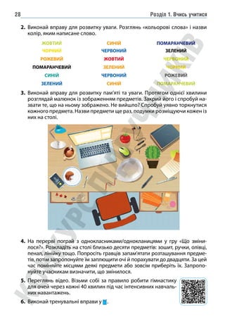 Розділ 1. Вчись учитися
28
2. Виконай вправу для розвитку уваги. Розглянь «кольорові слова» і назви
колір, яким написане слово.
ЖОВТИЙ СИНІЙ ПОМАРАНЧЕВИЙ
ЧОРНИЙ ЧЕРВОНИЙ ЗЕЛЕНИЙ
РОЖЕВИЙ ЖОВТИЙ ЧЕРВОНИЙ
ПОМАРАНЧЕВИЙ ЗЕЛЕНИЙ ЧОРНИЙ
СИНІЙ ЧЕРВОНИЙ РОЖЕВИЙ
ЗЕЛЕНИЙ СИНІЙ ПОМАРАНЧЕВИЙ
3. Виконай вправу для розвитку пам’яті та уваги. Протягом однієї хвилини
розглядай малюнок із зображенням предметів. Закрий його і спробуй на-
звати те, що на ньому зображено. Не вийшло? Спробуй уявно торкнутися
кожного предмета. Назви предмети ще раз, подумки розміщуючи кожен із
них на столі.
4. На перерві пограй з однокласниками/однокланицями у гру «Що зміни-
лося?». Розкладіть на столі близько десяти предметів: зошит, ручки, олівці,
пенал, лінійку тощо. Попросіть гравців запам’ятати розташування предме-
тів, потім запропонуйте їм заплющити очі й порахувати до двадцяти. За цей
час поміняйте місцями деякі предмети або зовсім приберіть їх. Запропо-
нуйте учасникам визначити, що змінилося.
5. Переглянь відео. Візьми собі за правило робити гімнастику
для очей через кожні 40 хвилин під час інтенсивних навчаль-
них навантажень.
6. Виконай тренувальні вправи у .
 