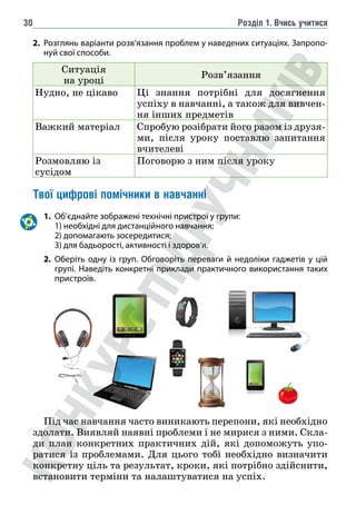 Розділ 1. Вчись учитися
30
2. Розглянь варіанти розв’язання проблем у наведених ситуаціях. Запропо-
нуй свої способи.
Ситуація
на уроці
Розв’язання
Нудно, не цікаво Ці знання потрібні для досягнення
успіху в навчанні, а також для вивчен-
ня інших предметів
Важкий матеріал Спробую розібрати його разом із друзя-
ми, після уроку поставлю запитання
вчителеві
Розмовляю із
сусідом
Поговорю з ним після уроку
Твої цифрові помічники в навчанні
1. Об’єднайте зображені технічні пристрої у групи:
		 1) необхідні для дистанційного навчання;
		 2) допомагають зосередитися;
		 3) для бадьорості, активності і здоров’я.
2. Оберіть одну із груп. Обговоріть переваги й недоліки гаджетів у цій
групі. Наведіть конкретні приклади практичного використання таких
пристроїв.
Під час навчання часто виникають перепони, які необхідно
здолати. Виявляй наявні проблеми і не мирися з ними. Скла-
ди план конкретних практичних дій, які допоможуть упо-
ратися із проблемами. Для цього тобі необхідно визначити
конкретну ціль та результат, кроки, які потрібно здійснити,
встановити терміни та налаштуватися на успіх.
0 2 4 6 8 10
58
хв
56
54
52
50
 