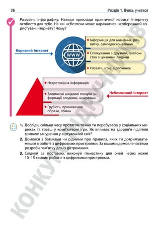 Розділ 1. Вчись учитися
36
Розглянь інфографіку. Наведи приклади практичної користі Інтернету
особисто для тебе. На які небезпеки може наражатися необережний ко-
ристувач Інтернету? Чому?
1. Досліди, скільки часу протягом тижня ти перебуваєш у соціальних ме-
режах та граєш у комп’ютерні ігри. Як впливає на здоров’я підлітків
тривале занурення у віртуальний світ?
2. Домовся з батьками чи рідними про правила, яких ти дотримувати-
мешся в роботі із цифровими пристроями. За вашими домовленостями
розроби пам’ятку для їх дотримання.
3. Слідкуй за поставою, виконуй гімнастику для очей через кожні
10–15 хвилин роботи із цифровими пристроями.








Небезпечний Інтернет
Корисний Інтернет
 