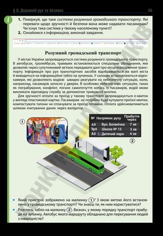 § 6. Дорожній рух та безпека 45
1. Поміркуй, що таке система розумного громадського транспорту. Які
переваги щодо зручності й безпеки вона може надавати пасажирам?
Чи існує така система у твоєму населеному пункті?
2. Ознайомся з інформацією, виконай завдання.
2
1
№ Напрямок руху Прибуття
через
А9 Вул. Ботанічна 7 хв
Тр5 Школа № 15 3 хв
А3 Дитячий парк 4 хв
Який пристрій зображено на малюнку 1 ? З якою метою його встанов-
лено у громадському транспорті? Чи знаєш ти, як ним користуватися?
Розглянь табло на малюнку 2 . Визнач, у якому порядку транспорт прибу-
де на зупинку. Автобус якого маршруту обладнано для пересування людей
з інвалідністю?
i
Розумний громадський транспорт
У містах України запроваджується система розумного громадського транспорту.
В автобусах, тролейбусах, трамваях встановлюється спеціальне обладнання, яке
дозволяє через супутниковий зв’язок передавати дані про місцезнаходження транс-
порту. Інформація про рух транспортних засобів відображається на мапі міста
й виводиться на інформаційне табло на зупинках. У салонах встановлюються відео­
камери, які дозволяють водієві швидко реагувати на небезпечну ситуацію, коли,
наприклад, пасажирів затисло у дверях. В особливо небезпечних ситуаціях, таких
як пограбування, конфлікт, погане самопочуття когось із пасажирів, водій може
викликати відповідну службу за допомогою тривожної кнопки.
Для зручності оплати за проїзд у такому транспорті запроваджується е-квиток
у вигляді пластикової картки. Пасажирам не потрібно буде купувати проїзні квитки,
компостувати талони чи сплачувати за проїзд готівкою. Оплата здійснюватиметься
шляхом зчитування даних через валідатор.
 