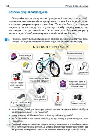 Розділ 2. Моя безпека
54
Безпека руху велосипедиста
Останнім часом на вулицях, у парках і на спортивних май-
данчиках ми все частіше зустрічаємо людей на індивідуаль-
них електротранспортних засобах. Та все ж багато хто надає
перевагу велосипеду як зручному засобу пересування, що
не завдає шкоди довкіллю. У містах для безпечного руху
велосипедистів облаштовують спеціальні доріжки.
Розглянь схему. Визнач призначення кожного елемента конструкції вело-
сипеда та з’ясуй значення екіпіровки водія для безпеки під час руху.
БЕЗПЕКА ВЕЛОСИПЕДИСТА
Чи важливо, щоб для велопрогулянки шолом та рукавиці були підібрані
за розміром, а одяг — за погодою?
Чому у твоєму віці бажано їздити тільки у світлу пору доби?
Чи безпечно їздити на велосипеді в дощову погоду, у туман та під час силь-
ного вітру?
Поміркуй,чомувелосипедистамрекомендуютьодягатияскравийодяг,жиле-
ти зі світловідбивними смугами, а широкі штани обов’язково закочувати або
заправляти у шкарпетки та використовувати взуття із жорсткою підошвою.
Шолом
Яскравий одяг зі
світловідбивними
елементами
Велосипедні
рукавиці
Дзеркало
Дзвінок
Насос
Ліхтар і черво-
ний світловід-
бивач
Взуття із жорсткою
підошвою
Захисні щитки
Справні гальма
Справне кермо
Світловідбивачі жов-
тогарячого кольору
Сумка для
інструментів
 