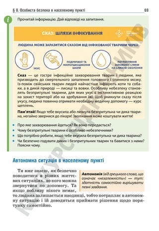 § 8. Особиста безпека в населеному пункті 69
Прочитай інформацію. Дай відповіді на запитання.
Про яке захворювання йдеться? Як воно передається?
Чому безпритульні тварини є особливо небезпечними?
Що потрібно робити, якщо тебе вкусила безпритульна чи дика тварина?
Чи безпечно годувати диких і безпритульних тварин та бавитися з ними?
Поясни чому.
Автономна ситуація в населеному пункті
Ти вже знаєш, як безпечно
поводитися в різних життє-
вих ситуаціях, до кого можна
звернутися по допомогу. Та
якщо поблизу нікого немає,
то людина залишається наодинці, тобто потрапляє в автоном-
ну ситуацію і їй доводиться приймати рішення щодо поря-
тунку самостійно.
i
Сказ — це гостре інфекційне захворювання тварин і людини, яке
призводить до смертельного запалення головного і спинного мозку.
Із-поміж свійських тварин людей найчастіше інфікують коти та соба-
ки, а в дикій природі — лисиці та вовки. Особливу небезпеку станов-
лять безпритульні тварини, для яких укус є інстинктивною реакцією
на захист території або на здобування їжі. Щоб уникнути сказу після
укусу, людина повинна отримати необхідну медичну допомогу — курс
щеплень.
Пам’ятай! Якщо тебе вкусила або лизнула безпритульна чи дика твари-
на, негайно звернися до лікаря! Зволікання може коштувати життя!
Автономія (від грецького слова, що
означає «незалежність») — тут:
здатність самостійно вирішувати
певні завдання.
 