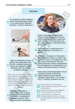 § 9. Безпечна поведінка в побуті 77
Відповіді
Не залишай постійно ввімкне-
ними електроприлади, якими
ти не користуєшся. Вимикай
прилади з розетки правильно.
А
Необхідно перевірити,
чи зачинені вікна та двері,
вимк­нути електроприлади
з розеток, за необхідності
перекрити водогін, пере-
крити вентиль газопроводу.
В
Разом із батьками чи близькими
обери спосіб підігріву їжі. Під конт-
ролем дорослих навчися користува-
тися газовою чи електричною пли-
тою, мультиваркою, мікрохвильовою
піччю тощо.
Г
Брати аптечку й користуватися лі-
ками без батьків чи близьких не
можна.
Ґ
Обговори з батьками чи близькими
різні аварійні ситуації, що можуть ви-
никнути в оселі, та послідовність твоїх
дій у разі їх виникнення. Під конт-
ролем дорослих навчися перекривати
вентилі водогону й газопроводу та ви-
микати електропостачання на щитку.
Д
Пам’ятай, що такі засоби застосо-
вують тільки за призначенням, до-
тримуючись інструкцій із викорис-
тання. Зберігати засоби побутової
хімії необхідно в окремому місці,
їх не можна нюхати, пробувати на
смак чи торкатися з метою розпіз-
навання.
Вологе прибирання краще
робити без додаткових засо-
бів або з використанням без-
печних для здоров’я засобів
побу­
тової хімії, які пореко-
мендують дорослі.
Б
витягни вилку з розетки або
зовсім вимкни електропостачання
у приміщенні;
накрий електроприлад ковдрою
чи іншою цупкою тканиною;
якщо горіння посилюється,
негайно вийди з кімнати, зачини
за собою двері та виклич пожежну
службу.
1
3
2
Користуйся електроприла­
дами тільки
з дозволу бать­
ків чи близьких.
Перед використанням електро­
приладу переконайся в його справ-
ності. У випадку загоряння дій так:
Ж
 