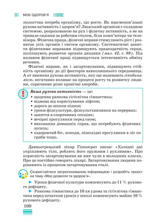 100
﻿
моє здоров’я
зіологічна потреба організму, що росте. Як взаємопов’язані
рухова активність і здоров’я? Людський організм є складною
системою, розрахованою на рух і фізичну активність, а не на
тривале сидіння за робочим столом, біля комп’ютера чи теле-
візора. Фізична праця, фізичні вправи стимулюють ріст і роз-
виток усіх органів і систем організму. Систематичні занят-
тя фізичними вправами підвищують працездатність серця,
поліпшують розвиток органів дихання (мал. 42, с. 99). Під
впливом фізичної праці підвищується інтенсивність обміну
речовин.
Фізичні вправи, як і загартовування, підвищують стій-
кість організму до дії факторів навколишнього середовища.
А от знижена рухова активність, яку ще називають гіподина-
мією, негативно впливає на процеси росту та розвитку люди-
ни, спричинює різні хронічні хвороби.
Давньогрецький лікар Гіппократ писав: «Холодні дні
укріплюють тіло, роблять його пружним і рухливим». Про
корисність загартовування ви вже чули в молодших класах.
Про це постійно говорять лікарі. Загартовування людини по-
рівнюють із процесом загартовування сталі.
Скористайтеся запропонованою інформацією і розробіть проєкт
на тему «Моє дозвілля та здоров’я».
► Уроки фізичної культури компенсують до 11 % рухово-
го дефіциту.
► Ранкова гімнастика до 10 хв удома та гігієнічна гімнас-
тика перед початком уроків у школі компенсують майже 10 %
рухового дефіциту.
Ваша рухова активність — це:
• щоденна ранкова гігієнічна гімнастика;
• відмова від користування ліфтом;
• дорога до школи пішки;
• уроки фізкультури, фізкультхвилинки на перервах;
• заняття в спортивних секціях;
• вечірні прогулянки перед сном;
• виконання домашніх справ, що потребують фізичних
зусиль;
• оздоровчий біг, походи, пішохідні прогулянки в ліс по
гриби тощо.
 