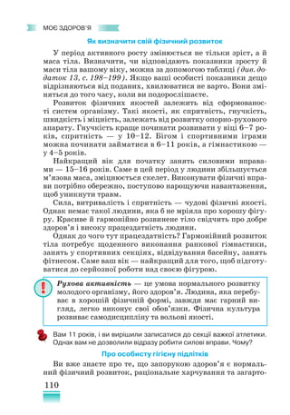 110
﻿
моє здоров’я
Як визначити свій фізичний розвиток
У період активного росту змінюється не тільки зріст, а й
маса тіла. Визначити, чи відповідають показники зросту й
маси тіла вашому віку, можна за допомогою таблиці (див. до-
даток 13, с. 198–199). Якщо ваші особисті показники дещо
відрізняються від поданих, хвилюватися не варто. Вони змі-
няться до того часу, коли ви подорослішаєте.
Розвиток фізичних якостей залежить від сформованос-
ті систем організму. Такі якості, як спритність, гнучкість,
швидкість і міцність, залежать від розвитку опорно-рухового
апарату. Гнучкість краще починати розвивати у віці 6–7 ро-
ків, спритність — у 10–12. Бігом і спортивними іграми
можна починати займатися в 6–11 років, а гімнастикою —
у 4–5 років.
Найкращий вік для початку занять силовими вправа-
ми — 15–16 років. Саме в цей період у людини збільшується
м’язова маса, зміцнюється скелет. Виконувати фізичні впра-
ви потрібно обережно, поступово нарощуючи навантаження,
щоб уникнути травм.
Сила, витривалість і спритність — чудові фізичні якості.
Однак немає такої людини, яка б не мріяла про хорошу фігу-
ру. Красиве й гармонійно розвинене тіло свідчить про добре
здоров’я і високу працездатність людини.
Однак до чого тут працездатність? Гармонійний розвиток
тіла потребує щоденного виконання ранкової гімнастики,
занять у спортивних секціях, відвідування басейну, занять
фітнесом. Саме ваш вік — найкращий для того, щоб підготу-
ватися до серйозної роботи над своєю фігурою.
Вам 11 років, і ви вирішили записатися до секції важкої атлетики.
Однак вам не дозволили відразу робити силові вправи. Чому?
Про особисту гігієну підлітків
Ви вже знаєте про те, що запорукою здоров’я є нормаль-
ний фізичний розвиток, раціональне харчування та загарто-
Рухова активність — це умова нормального розвитку
молодого організму, його здоров’я. Людина, яка перебу-
ває в хорошій фізичній формі, завжди має гарний ви-
гляд, легко виконує свої обов’язки. Фізична культура
розвиває самодисципліну та вольові якості.
 