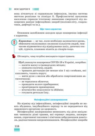 116
﻿
моє здоров’я
вона зіткнеться зі справжньою інфекцією, імунна система
миттєво розпізнає та ліквідує її. Профілактичні щеплення
населення сприяли істотному зниженню смертності від по-
ширених раніше інфекційних хвороб (поліомієліту, скарла-
тини, дифтерії та ін.).
Що таке карантин
Основним запобіжним заходом щодо поширення інфекції
є карантин.
Обговоріть, чому потрібно виконувати подані правила.
Щоб уникнути поширення COVID-19 в Україні, потрібно:
— носити маску в громадських місцях;
— уникати скупчень людей;
— тримати дистанцію (не менше ніж 1 м) з особами, які
кашляють, чхають поруч;
— мити руки з милом або обробляти спиртовмісним ан-
тисептиком;
— не торкатися обличчя;
— проводити вологе прибирання;
— провітрювати приміщення;
— вітатися без поцілунків та обіймів;
— готувати ретельно їжу.
Неінфекційні захворювання
На відміну від інфекційних, неінфекційні хвороби не ма-
ють збудника, інкубаційного періоду та не передаються від
зараженого організму до здорового.
Неінфекційні захворювання виникають під дією шкідли-
вих чинників: різні травми, які отримує людина, захворю-
вання, спричинені пиловим і хімічним забрудненням довкіл-
ля, радіоактивним випромінюванням. Неінфекційні хвороби
Карантин — це час, коли необхідно залишатися вдома,
обмежити спілкування з великою кількістю людей, тим-
часово відмовитися від відвідування шкіл, дитячих сек-
цій, гуртків, планових візитів до лікарів тощо.
 