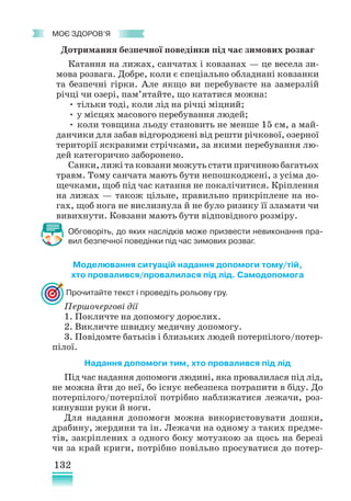 132
﻿
моє здоров’я
Дотримання безпечної поведінки під час зимових розваг
Катання на лижах, санчатах і ковзанах — це весела зи-
мова розвага. Добре, коли є спеціально обладнані ковзанки
та безпечні гірки. Але якщо ви перебуваєте на замерзлій
річці чи озері, пам’ятайте, що кататися можна:
• тільки тоді, коли лід на річці міцний;
• у місцях масового перебування людей;
• коли товщина льоду становить не менше 15 см, а май-
данчики для забав відгороджені від решти річкової, озерної
території яскравими стрічками, за якими перебування лю-
дей категорично заборонено.
Санки, лижі та ковзани можуть стати причиною багатьох
травм. Тому санчата мають бути непошкоджені, з усіма до-
щечками, щоб під час катання не покалічитися. Кріплення
на лижах — також цільне, правильно прикріплене на но-
гах, щоб нога не вислизнула й не було ризику її зламати чи
вивихнути. Ковзани мають бути відповідного розміру.
Обговоріть, до яких наслідків може призвести невиконання пра-
вил безпечної поведінки під час зимових розваг.
Моделювання ситуацій надання допомоги тому/тій,
хто провалився/провалилася під лід. Самодопомога
Прочитайте текст і проведіть рольову гру.
Першочергові дії
1. Покличте на допомогу дорослих.
2. Викличте швидку медичну допомогу.
3. Повідомте батьків і близьких людей потерпілого/потер-
пілої.
Надання допомоги тим, хто провалився під лід
Під час надання допомоги людині, яка провалилася під лід,
не можна йти до неї, бо існує небезпека потрапити в біду. До
потерпілого/потерпілої потрібно наближатися лежачи, роз-
кинувши руки й ноги.
Для надання допомоги можна використовувати дошки,
драбину, жердини та ін. Лежачи на одному з таких предме-
тів, закріплених з одного боку мотузкою за щось на березі
чи за край криги, потрібно повільно просуватися до потер-
 