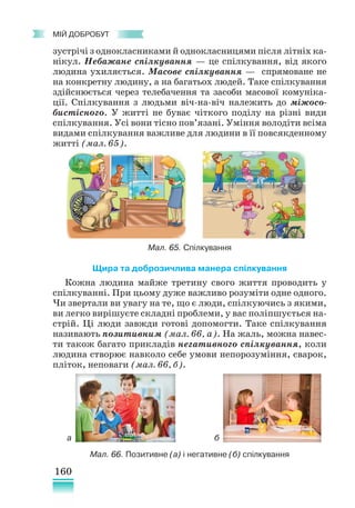 160
﻿
МІЙ ДОБРОБУТ
зустрічі з однокласниками й однокласницями після літніх ка-
нікул. Небажане спілкування — це спілкування, від якого
людина ухиляється. Масове спілкування — спрямоване не
на конкретну людину, а на багатьох людей. Таке спілкування
здійснюється через телебачення та засоби масової комуніка-
ції. Спілкування з людьми віч-на-віч належить до міжосо-
бистісного. У житті не буває чіткого поділу на різні види
спілкування. Усі вони тісно пов’язані. Уміння володіти всіма
видами спілкування важливе для людини в її повсякденному
житті (мал. 65).
Щира та доброзичлива манера спілкування
Кожна людина майже третину свого життя проводить у
спілкуванні. При цьому дуже важливо розуміти одне одного.
Чи звертали ви увагу на те, що є люди, спілкуючись з якими,
ви легко вирішуєте складні проблеми, у вас поліпшується на-
стрій. Ці люди завжди готові допомогти. Таке спілкування
називають позитивним (мал. 66, а). На жаль, можна навес-
ти також багато прикладів негативного спілкування, коли
людина створює навколо себе умови непорозуміння, сварок,
пліток, неповаги (мал. 66, б).
Мал. 65. Спілкування
Мал. 66. Позитивне (а) і негативне (б) спілкування
а б
 