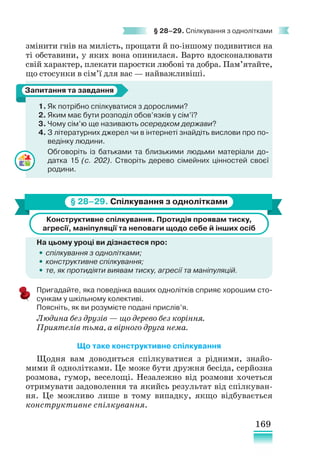 169
§ 28–29. Спілкування з однолітками
змінити гнів на милість, прощати й по-іншому подивитися на
ті обставини, у яких вона опинилася. Варто вдосконалювати
свій характер, плекати паростки любові та добра. Пам’ятайте,
що стосунки в сім’ї для вас — найважливіші.
1. Як потрібно спілкуватися з дорослими?
2. Яким має бути розподіл обов’язків у сім’ї?
3. Чому сім’ю ще називають осередком держави?
4. З літературних джерел чи в інтернеті знайдіть вислови про по-
ведінку людини.
Обговоріть із батьками та близькими людьми матеріали до-
датка 15 (с. 202). Створіть дерево сімейних цінностей своєї
родини.
§ 28–29. Спілкування з однолітками
Конструктивне спілкування. Протидія проявам тиску,
агресії, маніпуляції та неповаги щодо себе й інших осіб
На цьому уроці ви дізнаєтеся про:
•
• спілкування з однолітками;
•
• конструктивне спілкування;
•
• те, як протидіяти виявам тиску, агресії та маніпуляцій.
Пригадайте, яка поведінка ваших однолітків сприяє хорошим сто-
сункам у шкільному колективі.
Поясніть, як ви розумієте подані прислів’я.
Людина без друзів — що дерево без коріння.
Приятелів тьма, а вірного друга нема.
Що таке конструктивне спілкування
Щодня вам доводиться спілкуватися з рідними, знайо-
мими й однолітками. Це може бути дружня бесіда, серйозна
розмова, гумор, веселощі. Незалежно від розмови хочеться
отримувати задоволення та якийсь результат від спілкуван-
ня. Це можливо лише в тому випадку, якщо відбувається
конструктивне спілкування.
Запитання та завдання
 