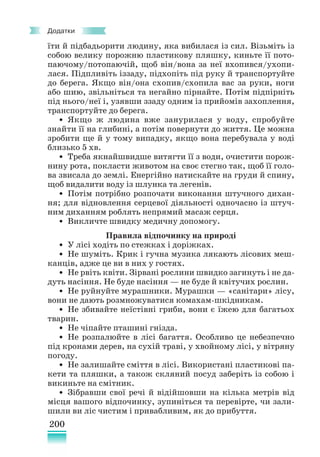 200
Додатки
їти й підбадьорити людину, яка вибилася із сил. Візьміть із
собою велику порожню пластикову пляшку, киньте її пото-
паючому/потопаючій, щоб він/вона за неї вхопився/ухопи-
лася. Підпливіть іззаду, підхопіть під руку й транспортуйте
до берега. Якщо він/она схопив/схопила вас за руки, ноги
або шию, звільніться та негайно пірнайте. Потім підпірніть
під нього/неї і, узявши ззаду одним із прийомів захоплення,
транспортуйте до берега.
• Якщо ж людина вже занурилася у воду, спробуйте
знайти її на глибині, а потім повернути до життя. Це можна
зробити ще й у тому випадку, якщо вона перебувала у воді
близько 5 хв.
• Треба якнайшвидше витягти її з води, очистити порож-
нину рота, покласти животом на своє стегно так, щоб її голо-
ва звисала до землі. Енергійно натискайте на груди й спину,
щоб видалити воду із шлунка та легенів.
• Потім потрібно розпочати виконання штучного дихан-
ня; для відновлення серцевої діяльності одночасно із штуч-
ним диханням роблять непрямий масаж серця.
• Викличте швидку медичну допомогу.
Правила відпочинку на природі
• У лісі ходіть по стежках і доріжках.
• Не шуміть. Крик і гучна музика лякають лісових меш-
канців, адже це ви в них у гостях.
• Не рвіть квіти. Зірвані рослини швидко загинуть і не да-
дуть насіння. Не буде насіння — не буде й квітучих рослин.
• Не руйнуйте мурашники. Мурашки — «санітари» лісу,
вони не дають розмножуватися комахам-шкідникам.
• Не збивайте неїстівні гриби, вони є їжею для багатьох
тварин.
• Не чіпайте пташині гнізда.
• Не розпалюйте в лісі багаття. Особливо це небезпечно
під кронами дерев, на сухій траві, у хвойному лісі, у вітряну
погоду.
• Не залишайте сміття в лісі. Використані пластикові па-
кети та пляшки, а також скляний посуд заберіть із собою і
викиньте на смітник.
• Зібравши свої речі й відійшовши на кілька метрів від
місця вашого відпочинку, зупиніться та перевірте, чи зали-
шили ви ліс чистим і привабливим, як до прибуття.
 