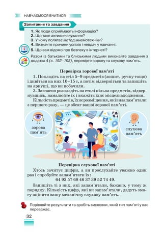 32
﻿
навчаємося вчитися
зорова
пам’ять
слухова
пам’ять
Перевірка зорової пам’яті
1. Покладіть на стіл 5–9 предметів (зошит, ручку тощо)
і дивіться на них 10–15 с, а потім відверніться та запишіть
на аркуші, що ви побачили.
2. Завчасно розкладіть на столі кілька предметів, відвер-
нувшись, намалюйте їх і вкажіть їхнє місцезнаходження.
Кількістьпредметів,їхнєрозміщення,яківизапам’ятали
з першого разу, — це обсяг вашої зорової пам’яті.
Перевірка слухової пам’яті
Хтось зачитує цифри, а ви прослухайте уважно один
раз і спробуйте запам’ятати їх:
64 93 57 68 46 37 39 52 74 49.
Запишіть ті з них, які запам’ятали, бажано, у тому ж
порядку. Кількість цифр, які ви запам’ятали, дадуть змо-
гу оцінити вашу механічну слухову пам’ять.
Порівняйте результати та зробіть висновки, який тип пам’яті у вас
переважає.
1. Як люди сприймають інформацію?
2. Що таке активне слухання?
3.	У чому полягає метод мнемотехніки?
4. Визначте причини успіхів і невдач у навчанні.
5. Що вам відомо про безпеку в інтернеті?
Разом із батьками та близькими людьми виконайте завдання з
додатка 4 (с. 192–193), перевірте зорову та слухову пам’ять.
Запитання та завдання
 