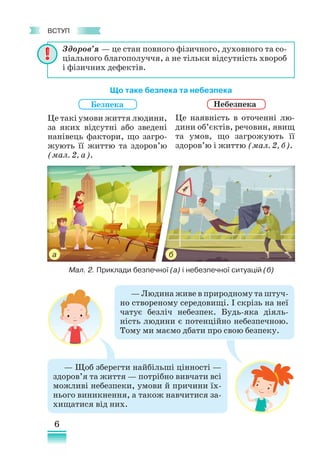 6
﻿
Вступ
Здоров’я — це стан повного фізичного, духовного та со-
ціального благополуччя, а не тільки відсутність хвороб
і фізичних дефектів.
— Людина живе в природному та штуч-
но створеному середовищі. І скрізь на неї
чатує безліч небезпек. Будь-яка діяль-
ність людини є потенційно небезпечною.
Тому ми маємо дбати про свою безпеку.
— Щоб зберегти найбільші цінності —
здоров’я та життя — потрібно вивчати всі
можливі небезпеки, умови й причини їх-
нього виникнення, а також навчитися за-
хищатися від них.
Що таке безпека та небезпека
Безпека
Це такі умови життя людини,
за яких відсутні або зведені
нанівець фактори, що загро-
жують її життю та здоров’ю
(мал. 2, а).
Небезпека
Це наявність в оточенні лю-
дини об’єктів, речовин, явищ
та умов, що загрожують її
здоров’ю і життю (мал. 2, б).
Мал. 2. Приклади безпечної (а) і небезпечної ситуацій (б)
а б
 