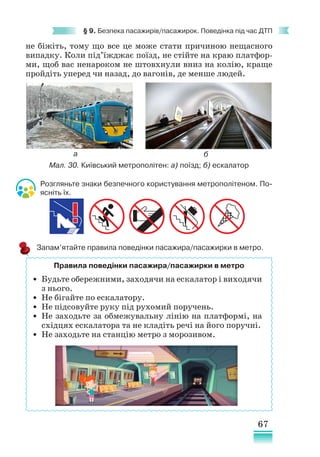 67
§ 9. Безпека пасажирів/пасажирок. Поведінка під час ДТП
не біжіть, тому що все це може стати причиною нещасного
випадку. Коли під’їжджає поїзд, не стійте на краю платфор-
ми, щоб вас ненароком не штовхнули вниз на колію, краще
пройдіть уперед чи назад, до вагонів, де менше людей.
Розгляньте знаки безпечного користування метрополітеном. По-
ясніть їх.
Запам’ятайте правила поведінки пасажира/пасажирки в метро.
Правила поведінки пасажира/пасажирки в метро
• Будьте обережними, заходячи на ескалатор і виходячи
з нього.
• Не бігайте по ескалатору.
• Не підсовуйте руку під рухомий поручень.
• Не заходьте за обмежувальну лінію на платформі, на
східцях ескалатора та не кладіть речі на його поручні.
• Не заходьте на станцію метро з морозивом.
Мал. 30. Київський метрополітен: а) поїзд; б) ескалатор
а б
 