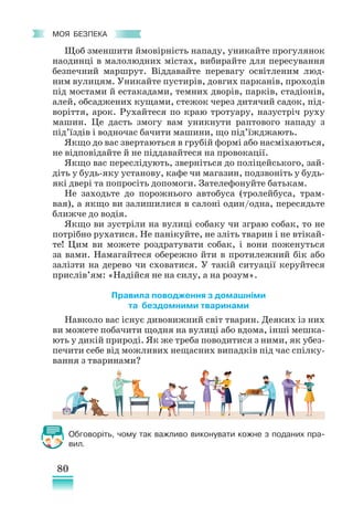 80
﻿
моя безпека
Щоб зменшити ймовірність нападу, уникайте прогулянок
наодинці в малолюдних містах, вибирайте для пересування
безпечний маршрут. Віддавайте перевагу освітленим люд-
ним вулицям. Уникайте пустирів, довгих парканів, проходів
під мостами й естакадами, темних дворів, парків, стадіонів,
алей, обсаджених кущами, стежок через дитячий садок, під-
воріття, арок. Рухайтеся по краю тротуару, назустріч руху
машин. Це дасть змогу вам уникнути раптового нападу з
під’їздів і водночас бачити машини, що під’їжджають.
Якщо до вас звертаються в грубій формі або насміхаються,
не відповідайте й не піддавайтеся на провокації.
Якщо вас переслідують, зверніться до поліцейського, зай­
діть у будь-яку установу, кафе чи магазин, подзвоніть у будь-
які двері та попросіть допомоги. Зателефонуйте батькам.
Не заходьте до порожнього автобуса (тролейбуса, трам-
вая), а якщо ви залишилися в салоні один/одна, пересядьте
ближче до водія.
Якщо ви зустріли на вулиці собаку чи зграю собак, то не
потрібно рухатися. Не панікуйте, не зліть тварин і не втікай-
те! Цим ви можете роздратувати собак, і вони поженуться
за вами. Намагайтеся обережно йти в протилежний бік або
залізти на дерево чи сховатися. У такій ситуації керуйтеся
прислів’ям: «Надійся не на силу, а на розум».
Правила поводження з домашніми
та бездомними тваринами
Навколо вас існує дивовижний світ тварин. Деяких із них
ви можете побачити щодня на вулиці або вдома, інші мешка-
ють у дикій природі. Як же треба поводитися з ними, як убез-
печити себе від можливих нещасних випадків під час спілку-
вання з тваринами?
Обговоріть, чому так важливо виконувати кожне з поданих пра-
вил.
 