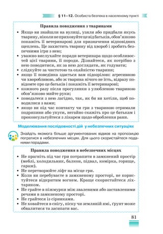 81
§ 11–12. Особиста безпека в населеному пункті
Моделювання послідовності дій у небезпечних ситуаціях
Знайдіть якомога більше аргументованих відмов на пропозицію
погратися в небезпечних місцях. Для цього скористайтеся пода-
ними порадами.
Правила поводження з тваринами
• Якщо ви знайшли на вулиці, узяли або придбали якусь
тварину,ніколинеприховуйтецевідбатьків,обов’язково
покажіть її ветеринарові для призначення відповідних
щеплень. Це захистить тварину від хвороб і зробить без-
печними ігри з нею;
• уважно вислухайте поради ветеринара щодо особливос-
тей цієї тварини, її породи. Дізнайтеся, як потрібно з
нею поводитися, як за нею доглядати, як годувати;
• слідкуйте за чистотою та охайністю тварини;
• якщо її поведінка здається вам підозрілою: агресивною
чи хворобливою, або ж тварина нічого не їсть, відразу по-
відомте про це батьків і покажіть її ветеринарові;
• кожного разу після прогулянки з улюбленою твариною
обов’язково мийте руки;
• поводьтеся з нею лагідно, так, як би ви хотіли, щоб по-
водилися з вами;
• якщо ви під час контакту чи гри з твариною отримали
подряпини або укуси, негайно скажіть про це батькам і
проконсультуйтеся з лікарем щодо оброблення рани.
Правила поводження в небезпечних місцях
• Не прагніть під час гри потрапити в замкнений простір
(меблі, холодильник, балкон, підвал, комірка, горище,
гараж).
• Не перетворюйте ліфт на місце гри.
• Коли ви перебуваєте в замкненому просторі, не корис-
туйтеся відкритим вогнем. Краще скористайтеся ліх-
тариком.
• Не грайте в піжмурки між зваленими або заставленими
речами в замкненому просторі.
• Не грайтеся із сірниками.
• Не ховайтеся в снігу, піску чи земляній ямі, ґрунт може
обвалитися та засипати вас.
 