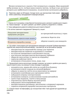 Велике починається з малого. Світ починається з людини. Наш щоденний
вибір впливає на те, чи буде наша планета чистою, чи буде в нас достатньо
ресурсів для майбутнього існування, чи досягнемо суспільного добробуту.
Переглянь відео за QR-кодом. Склади гасло, що закликатиме твоїх ровес­
ників і ровесниць заощаджувати природні ресурси.
7. Поясни, як ти розумієш слова Василя Сухомлинського, великого українського педаго­
га: «Краса природи — це одне з джерел, що живить доброту, сердечність і любов».
8. Чому забруднення довкілля небезпечне для планети Земля?
9. Як логічно закінчити твердження? Запиши їх у зошит.
Ощадливе використання
природних ресурсів
Заощаджена крапля води щодня
Вторинна переробка паперу
це прекрасний водоспад у горах
допомагає берегти ліси
збереже планету для нащадків
10. Що робить твоя родина для заощадження природних ресурсів? Добери відповіді з
переліку або запропонуй власний варіант. Аргументуй, як це допомагає природі.
• використовуємо зворотний бік паперу для чернеток
• використовуємо серветки та рушники із тканини
• не купуємо одноразового пластикового посуду
• для покупок використовуємо багаторазові торбинки
• збираємо макулатуру та здаємо на переробку
• сортуємо побутове сміття
• встановили лічильники тепла, води, газу
11. Проаналізуй список екологічних заходів та визнач, що можуть зробити для захисту
нашої планети учень чи учениця 5 класу, громада та держава.
• посадити кущ, дерево або квіти на клумбі біля будинку
• встановити очисні споруди на місцевій фабриці
• зібрати та винести сміття після відпочинку на природі
• встановити контейнери для сортування сміття
• побудувати вітрову електростанцію
• встановити контроль за вихлопними газами автомобілів
• здати старі журнали, газети в макулатуру
• очистити від сміття береги місцевої річки
• побудувати сміттєпереробний завод
• використовувати паковання, виготовлене з вторинної сировини
• сприяти вторинній переробці пакувальних матеріалів
12. Створи плакат чи інфографіку, що спонукатиме тебе і твоїх друзів бути дружніми до
довкілля.
106
 