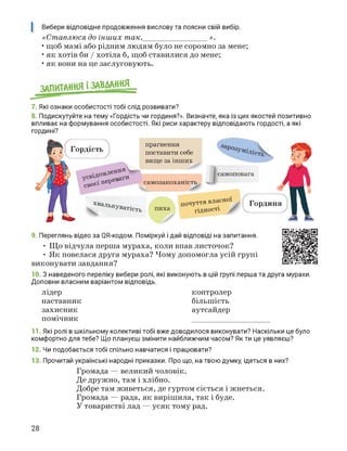 Вибери відповідне продовження вислову та поясни свій вибір.
«Ставлюся до інших так,_____________ ».
• щоб мамі або рідним людям було не соромно за мене;
• як хотів би / хотіла б, щоб ставилися до мене;
• як вони на це заслуговують.
7. Які ознаки особистості тобі слід розвивати?
8. Подискутуйте на тему «Гордість чи гординя?». Визначте, яка із цих якостей позитивно
впливає на формування особистості. Які риси характеру відповідають гордості, а які
гордині?
самозакоханість
прагнення
поставити себе
вище за інших
Гордість
пиха
уття власної
гідності
обіпереВ
" Гординя
самоповага
9. Переглянь відео за QR-кодом. Поміркуй і дай відповіді на запитання.
• Що відчула перша мураха, коли впав листочок?
• Як повелася друга мураха? Чому допомогла усій групі
виконувати завдання?
10. З наведеного переліку вибери ролі, які виконують в цій групі перша та друга мурахи.
Доповни власним варіантом відповідь.
лідер
наставник
захисник
помічник
контролер
більшість
аутсайдер
11. Які ролі в шкільному колективі тобі вже доводилося виконувати? Наскільки це було
комфортно для тебе? Що плануєш змінити найближчим часом? Як ти це уявляєш?
12. Чи подобається тобі спільно навчатися і працювати?
13. Прочитай українські народні приказки. Про що, на твою думку, ідеться в них?
Громада — великий чоловік.
Де дружно, там і хлібно.
Добре там живеться, де гуртом сіється і жнеться.
Громада — рада, як вирішила, так і буде.
У товаристві лад — усяк тому рад.
28
 