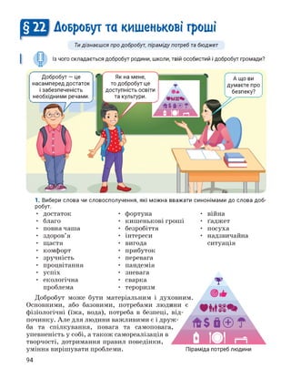 Добробут та кишенькові гроші
Ти дізнаєшся про добробут, піраміду потреб та бюджет
Із чого складається добробут родини, школи, твій особистий і добробут громади?
Добробут — це
насамперед достаток
і забезпеченість
необхідними речами.
•-------------------------- 
Як на мене,
то добробут це
доступність освіти
та культури.
(----------------
А що ви
думаєте про
безпеку?
1. Вибери слова чи словосполучення, які можна вважати синонімами до слова доб­
робут.
• достаток • фортуна • війна
• кишенькові гроші
• безробіття
• інтереси
• вигода
• прибуток
• перевага
• пандемія
• зневага
• сварка
• тероризм
• ґаджет
• посуха
• надзвичайна
ситуація
• благо
• повна чаша
• здоров'я
• щастя
• комфорт
• зручність
• процвітання
• успіх
• екологічна
проблема
Добробут може бути матеріальним і дух
Основними, або базовими, потребами люди
фізіологічні (їжа, вода), потреба в безпеці,
починку. Але для людини важливими є і дру:
ба та спілкування, повага та самоповага
упевненість у собі, а також самореалізація в
творчості, дотримання правил поведінки,
уміння вирішувати проблеми. Піраміда потреб людини
94
 