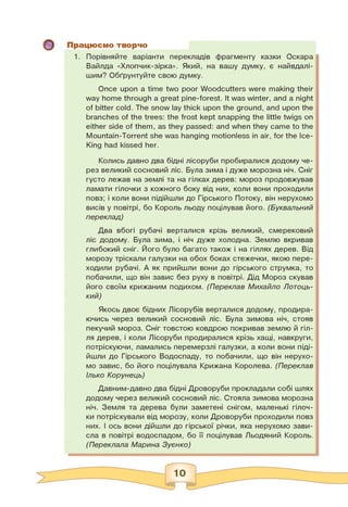 Працюємо творчо
1. Порівняйте варіанти перекладів фрагменту казки Оскара
Вайлда «Хлопчик-зірка». Який, на вашу думку, є найвдалі­
шим? Обґрунтуйте свою думку.
Once upon a time two poor Woodcutters were making their
way home through a great pine-forest. It was winter, and a night
of bitter cold. The snow lay thick upon the ground, and upon the
branches of the trees: the frost kept snapping the little twigs on
either side of them, as they passed: and when they came to the
Mountain-Torrent she was hanging motionless in air, for the Ice-
King had kissed her.
Колись давно два бідні лісоруби пробиралися додому че­
рез великий сосновий ліс. Була зима і дуже морозна ніч. Сніг
густо лежав на землі та на гілках дерев: мороз продовжував
ламати гілочки з кожного боку від них, коли вони проходили
повз; і коли вони підійшли до Гірського Потоку, він нерухомо
висів у повітрі, бо Король льоду поцілував його. (Буквальний
переклад)
Два вбогі рубачі верталися крізь великий, смерековий
ліс додому. Була зима, і ніч дуже холодна. Землю вкривав
глибокий сніг. Його було багато також і на гіллях дерев. Від
морозу тріскали галузки на обох боках стежечки, якою пере­
ходили рубачі. А як прийшли вони до гірського струмка, то
побачили, що він завис без руху в повітрі. Дід Мороз скував
його своїм крижаним подихом. (Переклав Михайло Лотоць-
кий)
Якось двоє бідних Лісорубів верталися додому, продира­
ючись через великий сосновий ліс. Була зимова ніч, стояв
пекучий мороз. Сніг товстою ковдрою покривав землю й гіл­
ля дерев, і коли Лісоруби продиралися крізь хащі, навкруги,
потріскуючи, ламались перемерзлі галузки, а коли вони піді­
йшли до Гірського Водоспаду, то побачили, що він нерухо­
мо завис, бо його поцілувала Крижана Королева. (Переклав
Ілько Корунець)
Давним-давно два бідні Дроворуби прокладали собі шлях
додому через великий сосновий ліс. Стояла зимова морозна
ніч. Земля та дерева були заметені снігом, маленькі гілоч­
ки потріскували від морозу, коли Дроворуби проходили повз
них. І ось вони дійшли до гірської річки, яка нерухомо зави­
сла в повітрі водоспадом, бо її поцілував Льодяний Король.
(Переклала Марина Зуєнко)
 