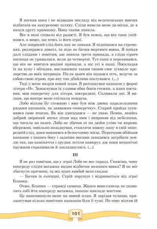 Я погнав коня і не відводив погляду від велетенських вовчих
відбитків на закуреному шляху. Сліди вивели мене до місця, де я
кинув другу приманку. Вона також зникла.
Все в мені співало від радості. Я був певен, що він таки упій­
мався, а може, ще хтось із його зграї.
Але широкий слід його лап не зникав. Я піднімався на стреме­
нах, роззирався довкіл, та ніде не бачив мертвого вовка. Я поїхав
далі слідами і помітив, що зникла третя принада, а сліди сірого
поганця не уривалися, вели до четвертої. Тут-таки я переконався,
що він не ковтнув жодної принади, а ніс усі в пащі. Поскладав
їх на купу і обгидив, висловивши таким чином своє зухвале пре­
зирство до моїх хитрощів. Після цього він подався геть, ведучи за
собою свою зграю, про яку так дбайливо піклувався. (.)
Тоді у мене визрів новий план. Я розташував капкани у формі
літери «Н». Замаскував їх уздовж обох боків стежки, а один поста­
вив, мов поперечку для літери, посередині. Спливали дні. Я ви­
знав, що вкотре мене спіткала невдача.
Лобо вільно біг стежкою і вже був між двома паралельними
рядами капканів, як завважив «поперечку». Старий пройда зупи­
нився саме вчасно. Як він здогадався — не знаю. Певно, якийсь
добрий звіриний янгол літав над ним і охороняв від небезпеки,
що чигала на нього. Лобо не збочив ні на дюйм уліво чи вправо,
обережно, повільно позадкував, ставлячи кожну лапу в свій попе­
редній слід, доки опинився в безпечному місці. Перегодом обійшов
капкани з іншого боку і задніми ногами заходився загрібати зем­
лю так, що каміняччя і грудки летіли навкруг, аж поки механічні
пружини спрацювали й заклацнулися. (...)
III
Я не раз помічав, що у зграї Лобо не все гаразд. Скажімо, чому
попереду слідів ватажка видно відбитки меншого вовка? Я не міг
збагнути причини, та ось один ковбой мені сказав:
— Бачив їх сьогодні. Стрій порушує і відривається від зграї
Бланка.
Отже, Бланка — справді самиця. Жоден вовк-самець не дозво­
лить собі йти попереду ватажка, інакше накладе життям.
Це наштовхнуло мене на новий план. Я зарізав телицю, при­
лаштував кілька помітних капканів біля її туші. По тому відтяв їй
101
 