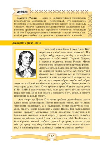 Довідка
Микола Лукаш — один із найвидатніших українських
перекладачів, мовознавець і лексикограф. Був викладачем
іноземних мов, працював завідувачем відділу поезії журналу
«Всесвіт». Маючи надзвичайне лінгвістичне обдарування і ди­
вовижну ерудицію в галузі зарубіжної літератури, перекладав
із 18 мов. Серед перекладенихним творів — вірші, поеми, п'єси,
повісті, романи багатьох сучасних письменників і класиків.
c
G
Є
</ o
e £
♦'
G J
e &
G
f *
Джон КІТС (1795-1821)
Видатний англійський поет Джон Кітс
народився у сім'ї власника конюшні. Він
здобув добру медичну освіту, але вирішив
присвятити себе поезії. Перший біограф
і перший видавець поета Річард Мілнз
описав його коротке життя простою форму­
лою: «Декілька відданих друзів, пристрас­
не кохання і рання смерть». Але хоча у цій
формулі все є правдою, все ж усієї правди
про поета вона не передає. Не передає че­
рез те, що створює образ скорботний, образ
людини, якій майже нічого не вдалося зробити. Безперечно, лі­
тературна діяльність Кітса тривала трохи більше шести років
(1814—1819) і закінчилася тоді, коли для нього тільки настала
пора зрілості. Бо ж він помер у двадцять п'ять років, а писати
припинив за рік до смерті.
Але попри це Джон Кітс встиг зробити дуже багато задля
слави своєї батьківщини. Встиг написати твори, що не лише
«полонять назавжди», а й надихають поетів майбутніх поко­
лінь, стають новою вершиною у країні Поезії. Він палко любив
життя, природу, мистецтво, любив довірливе спілкування із
близькими людьми, веселі жарти у дружньому колі, залюбки
писав жартівливі вірші й листи про все на світі. Та більшість
його віршів сповнені глибоких думок і прозрінь, а також розду­
мів про красу, яку він умів бачити і в літньому сюрчанні кони­
ка, і в пісні цвіркуна у запічку, і навіть «у затінку стебла».
 