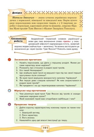 Довідка
Наталя Іваничук — знана сучасна українська перекла­
дачка з норвезької, німецької та шведської мов. Окрім цілого
ряду перекладених нею «дорослих» творів, є у її творчому до­
робку і переклади, адресовані дітям та юнацтву, зокрема «Кра­
їна Мумі-тролів» Туве Янссон і «Казки» Захаріаса Топеліуса.
Словникова
робота
Академічний тлумачний словник української
мови дає таке визначення слова «троль»: у скан­
динавській міфології надприродна істота, зазвичай
ворожа людям (найчастіше — велетень). Чи можна застосувати це
визначення до «мумі-тролів» Туве Янссон? Поясніть свою думку.
О
о
Засвоюємо прочитане
1. Назвіть персонажів, що діють у першому розділі. Якими ри­
сами характеру вони наділені?
2. Розкажіть про стосунки в родині мумі-тролів.
3. Хто такий Нюхмумрик?
4. Що знайшли мумі-тролі на вершині гори під час своєї першої
прогулянки після сплячки?
5. Як мумі-тролі вирішили використати капелюх Чарівника?
6. Яке перше диво створив капелюх? Як ним скористалися в
родині мумі-тролів?
7. Які предмети і на що перетворював капелюх Чарівника?
Міркуємо над прочитаним
1. Чим різняться мумі-тролі Туве Янссон від тролів зі сканди­
навських народних казок?
2. Який казковий герой вам сподобався найбільше і чим?
Працюємо творчо
1. Дайте коротку характеристику кожному герою за таким пла­
ном:
1. Зовнішній вигляд.
2. Риси характеру.
3. Його вчинки.
2. Намалюйте одну-дві власні ілюстрації до твору.
 