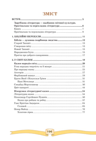 ЗМІСТ
ВСТУП................................................................................................................5
Зарубіжна література — надбання світової культури.
Оригінальна та перекладна література ........................................ 6
Книга .............................................................................................................. 7
Оригінальна та перекладна література .............................................. 8
1. БІБЛІЙНІ ПЕРЕКАЗИ.......................................................................... 11
Біблія — духовна скарбниця людства............................................ 12
Старий Заповіт............................................................................................. 13
Створення світу............................................................................................ 13
Новий Заповіт .............................................................................................. 15
Народження Ісуса....................................................................................... 15
Притча про доброго самарянина............................................................. 17
2. У СВІТІ КАЗОК ........................................................................................ 19
Казки народів світу.................................................................................. 20
Усна народна творчість та її жанри ...................................................... 21
Про народну казку...................................................................................... 25
Алегорія ......................................................................................................... 27
Фарбований шакал..................................................................................... 28
Брати Якоб і Вільгельм Ґрімм ................................................................ 31
Пані Метелиця ...................................................................................... 31
Синдбад-Мореплавець ............................................................................. 36
Цвіт папороті ................................................................................................ 44
Візерунки літературної казки ............................................................54
Літературна казка ...................................................................................... 54
Олександр Сергійович Пушкін............................................................... 56
Казка про рибака та рибку................................................................. 57
Ганс Крістіан Андерсен............................................................................. 64
Соловей..................................................................................................... 65
Оскар Вайлд ................................................................................................. 76
Хлопчик-зірка......................................................................................... 77
 