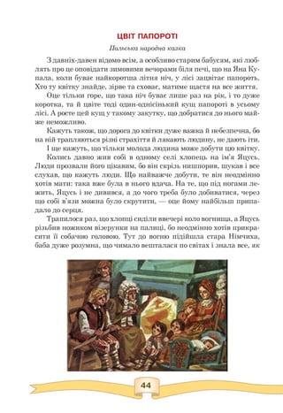 ЦВІТ ПАПОРОТІ
Польська народна казка
З давніх-давен відомо всім, а особливо старим бабусям, які люб­
лять про це оповідати зимовими вечорами біля печі, що на Яна Ку­
пала, коли буває найкоротша літня ніч, у лісі зацвітає папороть.
Хто ту квітку знайде, зірве та сховає, матиме щастя на все життя.
Оце тільки горе, що така ніч буває лише раз на рік, і то дуже
коротка, та й цвіте тоді один-однісінький кущ папороті в усьому
лісі. А росте цей кущ у такому закутку, що добратися до нього май­
же неможливо.
Кажуть також, що дорога до квітки дуже важка й небезпечна, бо
на ній трапляються різні страхіття й лякають людину, не дають іти.
І ще кажуть, що тільки молода людина може добути цю квітку.
Колись давно жив собі в одному селі хлопець на ім'я Яцусь.
Люди прозвали його цікавим, бо він скрізь нишпорив, шукав і все
слухав, що кажуть люди. Що найважче добути, те він неодмінно
хотів мати: така вже була в нього вдача. На те, що під ногами ле­
жить, Яцусь і не дивився, а до чого треба було добиватися, через
що собі в'язи можна було скрутити, — оце йому найбільш припа­
дало до серця.
Трапилосяраз, що хлопці сиділи ввечері коло вогнища, а Яцусь
різьбив ножиком візерунки на палиці, бо неодмінно хотів прикра­
сити її собачою головою. Тут до вогню підійшла стара Німчиха,
баба дуже розумна, що чимало вешталася по світах і знала все, як
 