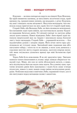 ЛОБО — ВОЛОДАР КУРУМПО
І
Курумпо — велика скотарська округа на півночі Нью-Мексико.
Це край соковитих пасовищ, де вигулюють незліченні стада, край
високих гір, гримкотливих потоків, що впадають у річку Курумпо,
від якої і походить назва місцевості. Могутнім володарем, чия сва­
вільна влада простяглася на весь край, був тут старий сірий вовк.
Старий Лобо, або Володар Лобо, як його називали мексиканці,
був ватажком зграї сірих вовків, що спустошували долину Курум-
по впродовж багатьох років. Усі місцеві скотарі та пастухи добре
знали цього хижака. Кожні відвідини Лобо і його вірної зграї на­
ганяли смертельний жах на тварин і викликали напад безсилої
люті у їхніх господарів. Старий Лобо — справжній велетень — був
надзвичайно дужим і хитрим звіром. Його нічне виття враз роз­
пізнавали всі тутешні люди. Звичайний вовк годинами вив обіч
пастушого табору, і ніхто на те не зважав, а коли луна доносила з
ущелини могутнє виття старого ватажка, пастухів огортав неспо­
кій: вони готувалися дізнатися вранці про нові безчинства сірої
ватаги.
Зграя Лобо була невеликою. Я не міг зрозуміти чому. Звичаєм
навколо такого виняткового в усьому звіра завжди збирається чи­
малий гурт. Може, він сам не хотів збільшувати ватаги, а може,
всіх відлякувала його аж надто лиха вдача. Без сумніву одне: про­
тягом останніх років його панування у нього було лише п'ятеро
підлеглих, кожен із яких зажив слави своїми величезними розмі­
рами. Особливо виділявся помічник Лобо, справжній гігант, але й
він поступався перед ватажком силою і завзяттям.
 
