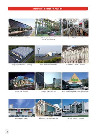 46
Referanslarımızdan Bazıları
Vialand AVM – İstanbulYTÜ Kongre Merkezi ve
İktisadi İdari Bil. Fak.
Duschanbe Airport - Tacikistan
Mavi Jeans Mısır Fabrikası Grand Pera Taksim - İstanbulEroğlu Giyim Fabrika – Aksaray
Torium AVM -İstanbul Kipa AVM-Türkiyedeki Tüm Uygulamalar
AFS Boru Fabrikası – AnkaraTaurus AVM – Ankara İTÜ Spor Salonu - İstanbul
Armada AVM – Ankara
 