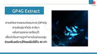 GP4G Extract
สารสกัดจากแพลงก์ตอนทะเล (GP4G)
สายพันธุ์อาทิเมีย ซาลินา
หลั่งสารออกมาเคลือบไว้
เพื่อปกป้องการถูกท้าลายในช่วงม...