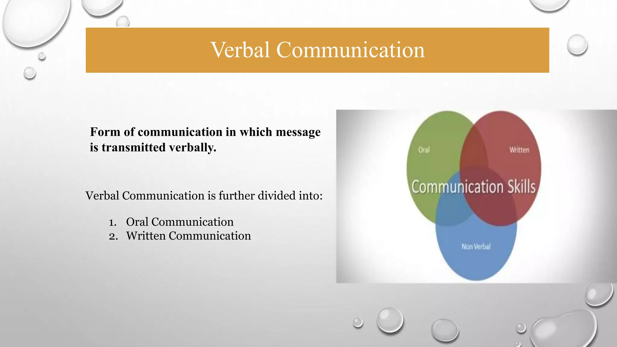 Verbal Communication 
Form of communication in which message 
is transmitted verbally. 
Verbal Communication is further divided into: 
1. Oral Communication 
2. Written Communication 
 