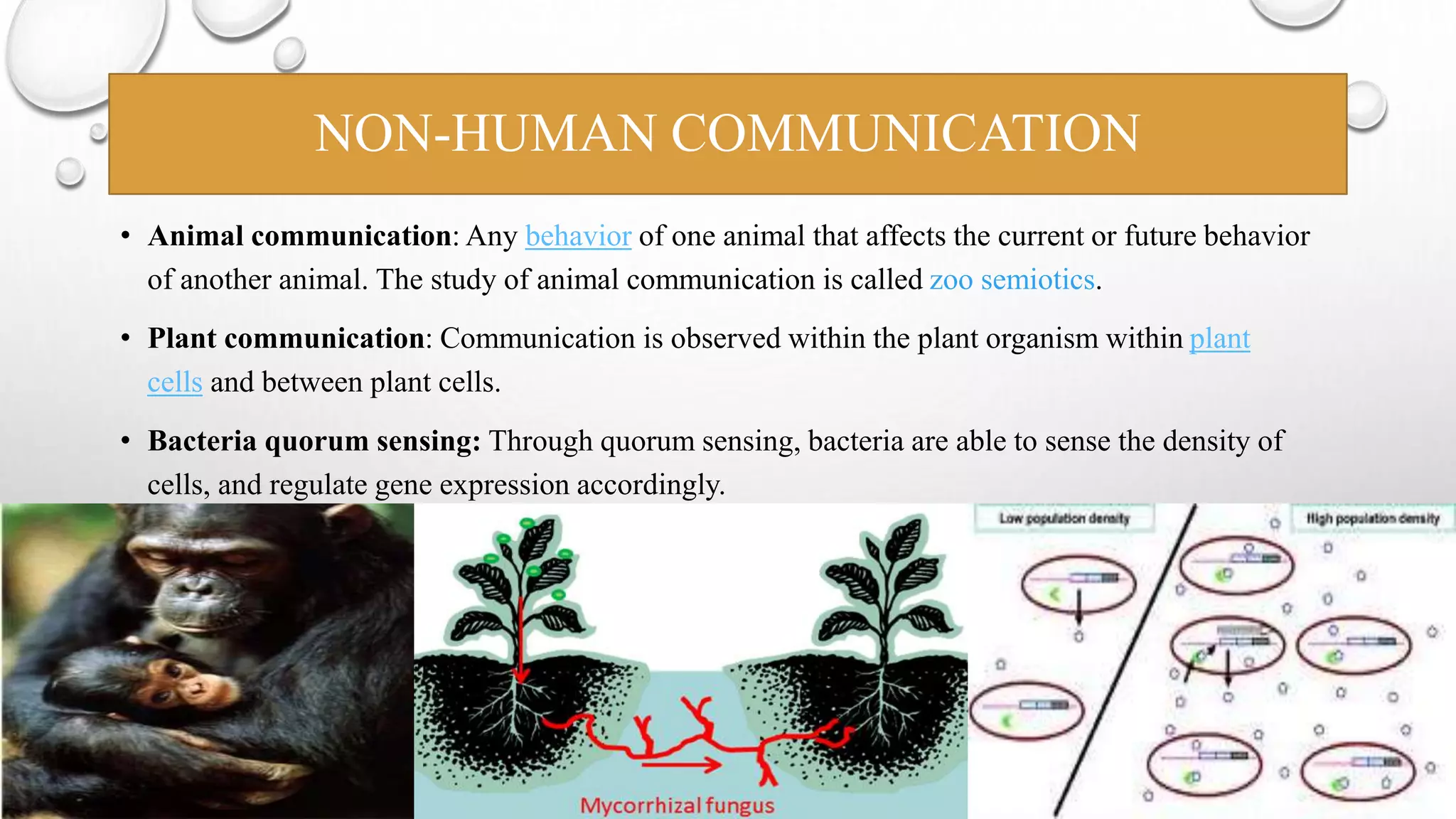 NON-HUMAN COMMUNICATION 
• Animal communication: Any behavior of one animal that affects the current or future behavior 
of another animal. The study of animal communication is called zoo semiotics. 
• Plant communication: Communication is observed within the plant organism within plant 
cells and between plant cells. 
• Bacteria quorum sensing: Through quorum sensing, bacteria are able to sense the density of 
cells, and regulate gene expression accordingly. 
 