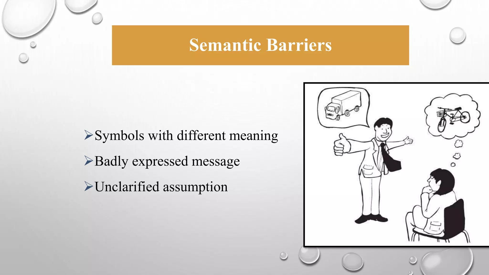 Semantic Barriers 
Symbols with different meaning 
Badly expressed message 
Unclarified assumption 
 