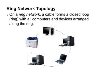 Ring Network Topology
On a ring network, a cable forms a closed loop
(ring) with all computers and devices arranged
along the ring.
 