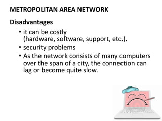 Disadvantages
• it can be costly
(hardware, software, support, etc.).
• security problems
• As the network consists of many computers
over the span of a city, the connection can
lag or become quite slow.
METROPOLITAN AREA NETWORK
 