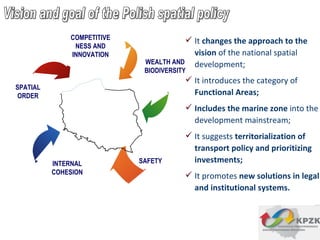 COMPETITIVENESS AND INNOVATI ON SAFETY   SPATIAL ORDER WEALTH AND BIODIVERSITY INTERNAL COHESION It  changes the approach to the vision  of the national spatial development ; It introduces the category of  Functional Areas ; Includes the marine zone  into the development mainstream ;   It suggests   territorialization of  transport  policy   and  prioritizing investments ; It promotes  new solutions in legal and institutional systems .  Vision and goal of the Polish spatial policy 