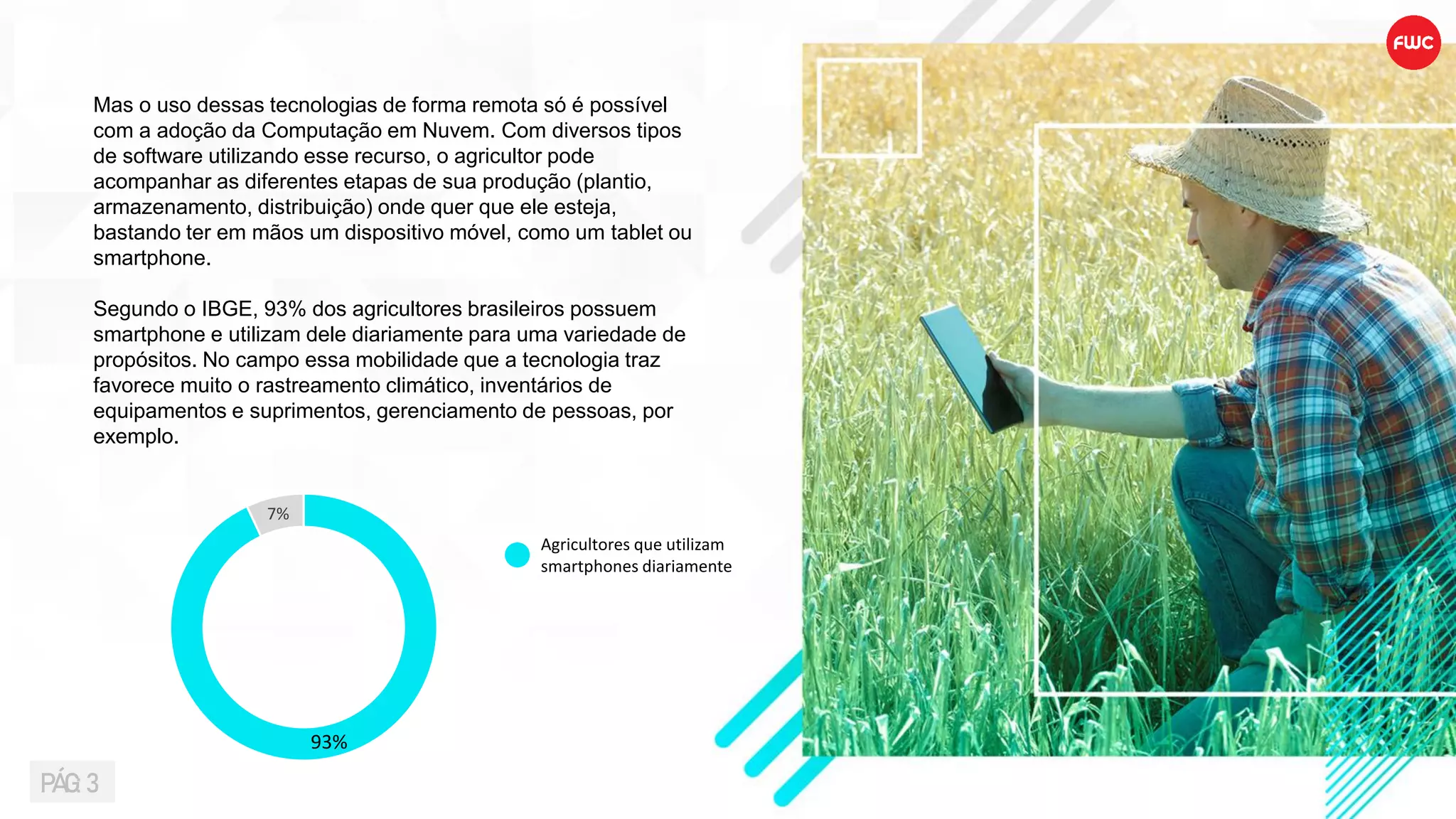 Mas o uso dessas tecnologias de forma remota só é possível
com a adoção da Computação em Nuvem. Com diversos tipos
de software utilizando esse recurso, o agricultor pode
acompanhar as diferentes etapas de sua produção (plantio,
armazenamento, distribuição) onde quer que ele esteja,
bastando ter em mãos um dispositivo móvel, como um tablet ou
smartphone.
Segundo o IBGE, 93% dos agricultores brasileiros possuem
smartphone e utilizam dele diariamente para uma variedade de
propósitos. No campo essa mobilidade que a tecnologia traz
favorece muito o rastreamento climático, inventários de
equipamentos e suprimentos, gerenciamento de pessoas, por
exemplo.
93%
7%
Agricultores que utilizam
smartphones diariamente
PÁG: 3
 